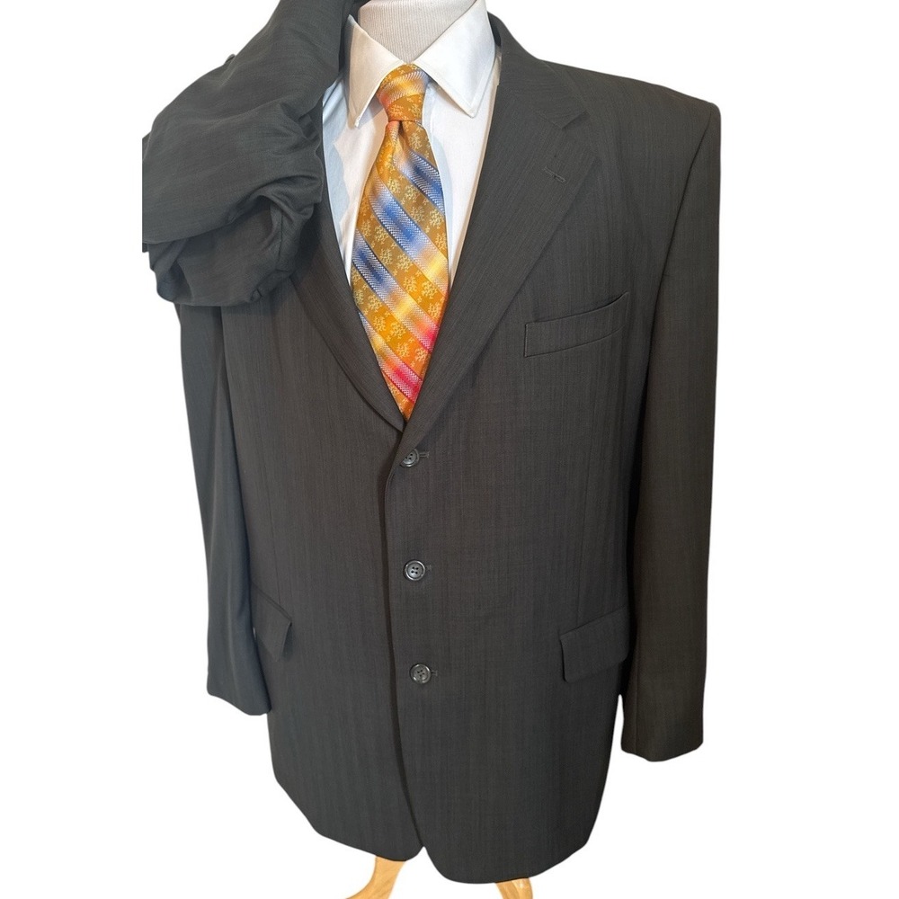 Caravelli Super 150's Suit 48R Green Stripe Jacket Pants 42 x 32 Poly Viscose
